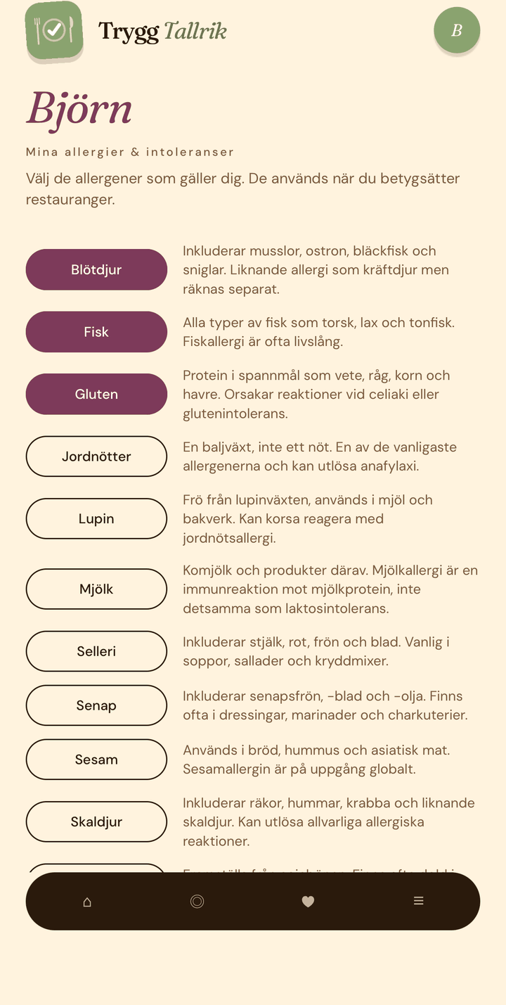 Skärmbild: profilsida där användaren väljer sina allergier och intoleranser
