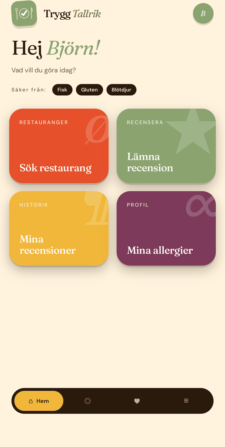 Skärmbild av Trygg Tallrik-appens startskärm med genvägar för att söka restaurang, lämna recension, se tidigare recensioner och hantera allergiprofil