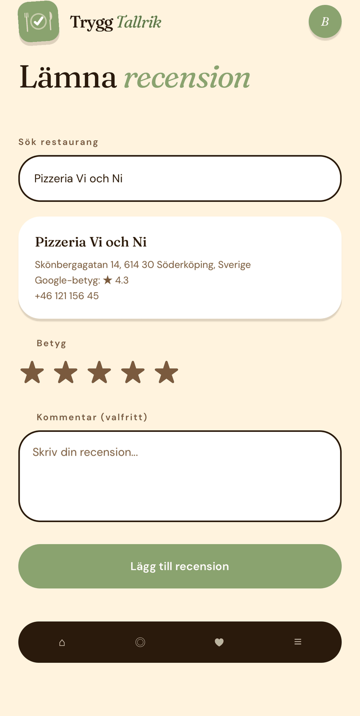 Skärmbild: formulär för att lämna betyg och recension av en restaurang
