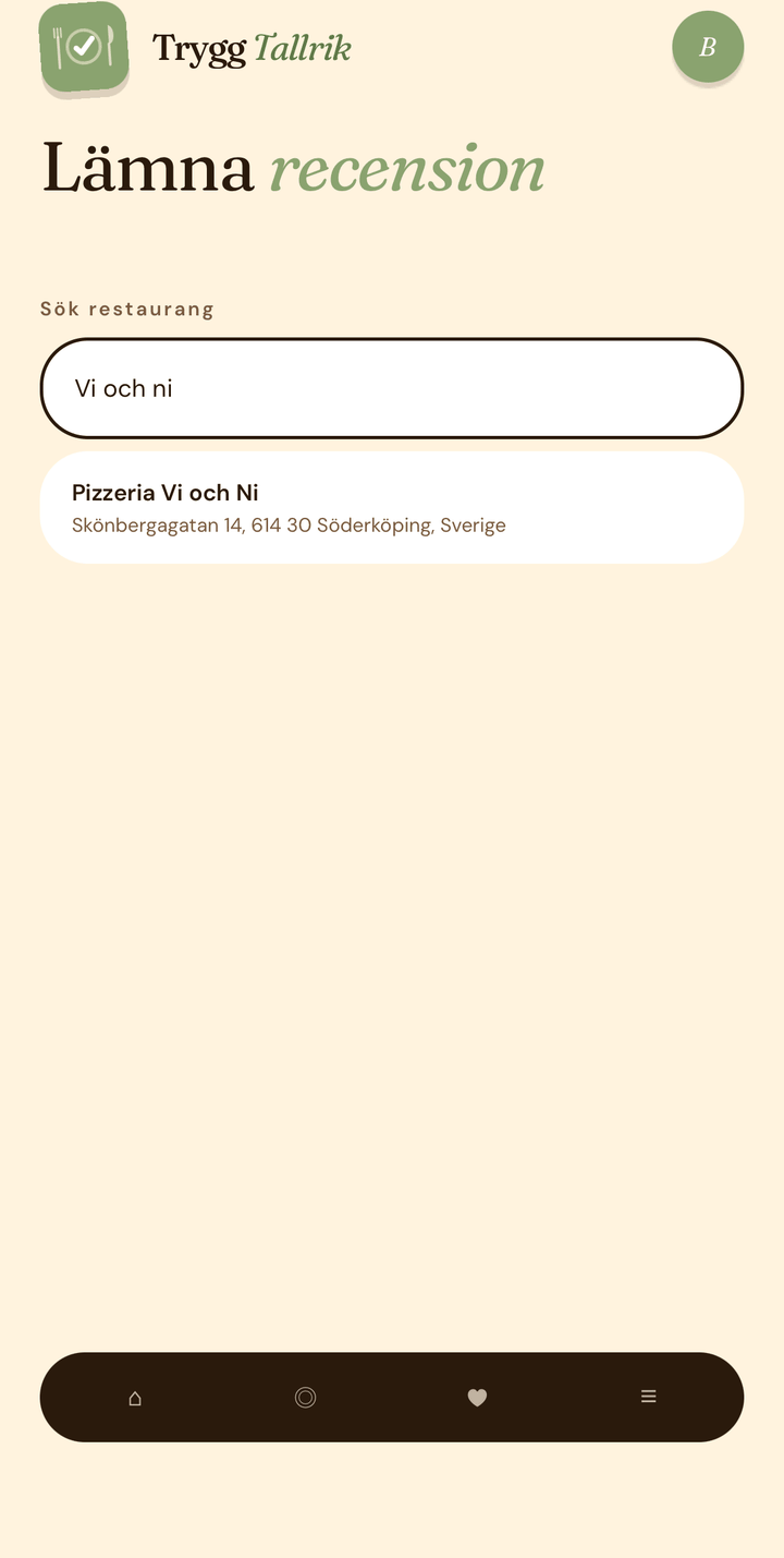 Skärmbild: recensionsskärmen där en restaurang söks fram och ett förslag visas