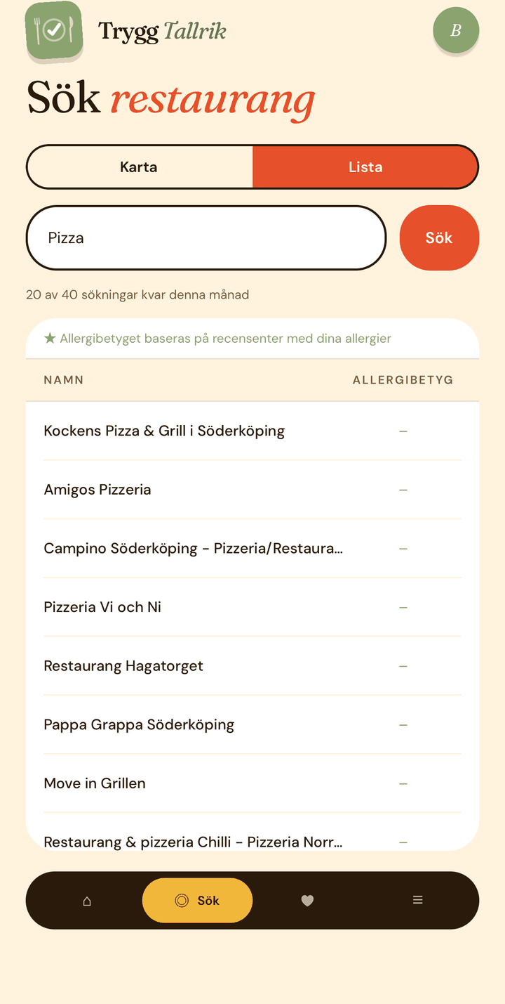 Skärmbild: sökskärmen i listvy med restaurangnamn och allergibetyg