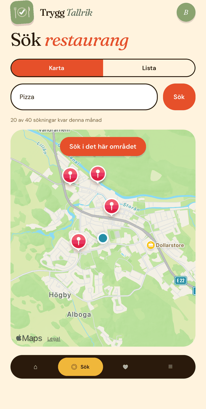 Skärmbild: sök restauranger på karta med markerade platser